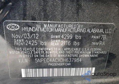 2013 Hyundai Sonata Se from USA, damaged, VIN 5NPEC4ACXDH637984